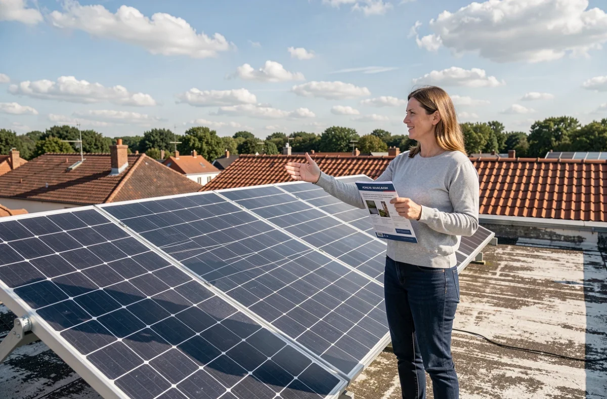 Propriétaire devant son installation de panneaux solaires triphasés sur toit de maison individuelle