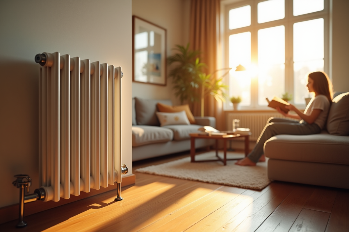 Radiateur moderne dans un salon lumineux et chaleureux