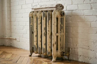 Radiateur ancien en fonte à colonnes avec patine et peinture écaillée contre un mur en briques blanches dans un appartement rénové