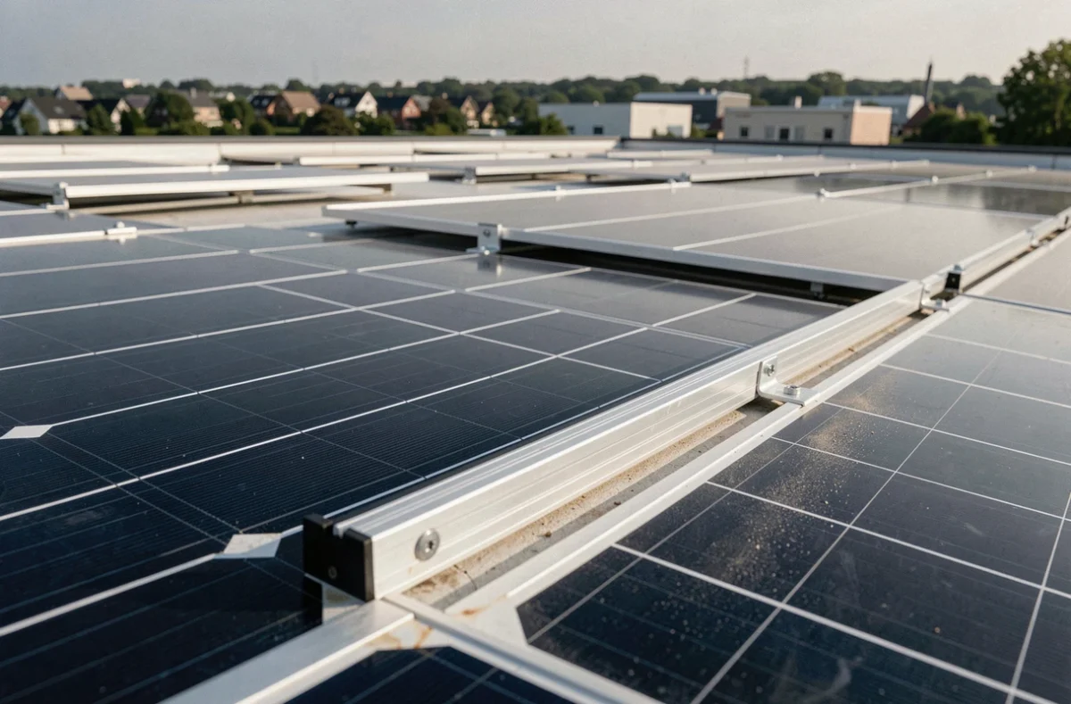 Vue au ras du sol de rangées de panneaux solaires photovoltaïques sur une toiture commerciale plate avec détail des cellules et du cadrage aluminium
