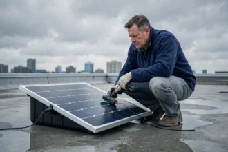 Technicien inspectant un panneau solaire sur un toit par temps nuageux avec un multimètre