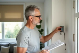 Homme réglant un volet roulant filaire Bubendorff en appuyant sur les boutons du boîtier de commande mural