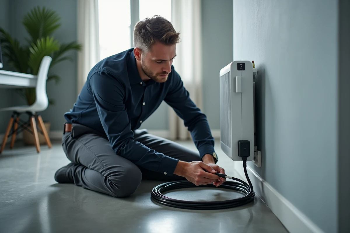 Homme remplaçant le câble d'un radiateur électrique à plinthe dans un bureau à domicile pour faire des économies d'énergie