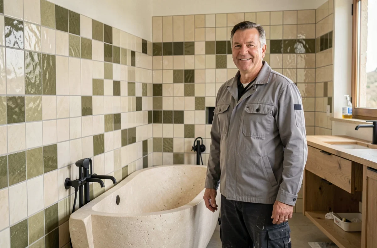 Spécialiste de Rénov'Home dans une salle de bain rénovée avec carrelage zellige et baignoire îlot en pierre de résine