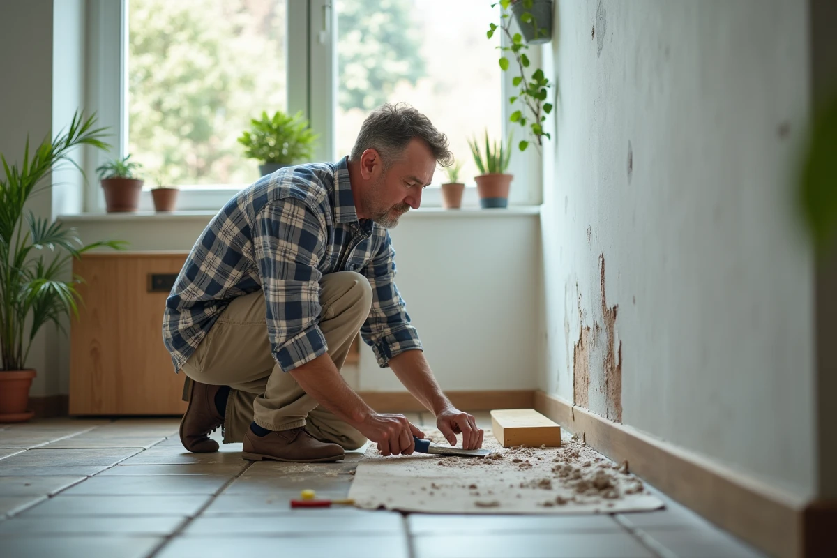 Homme réparant un mur avec un couteau à mastic dans une véranda