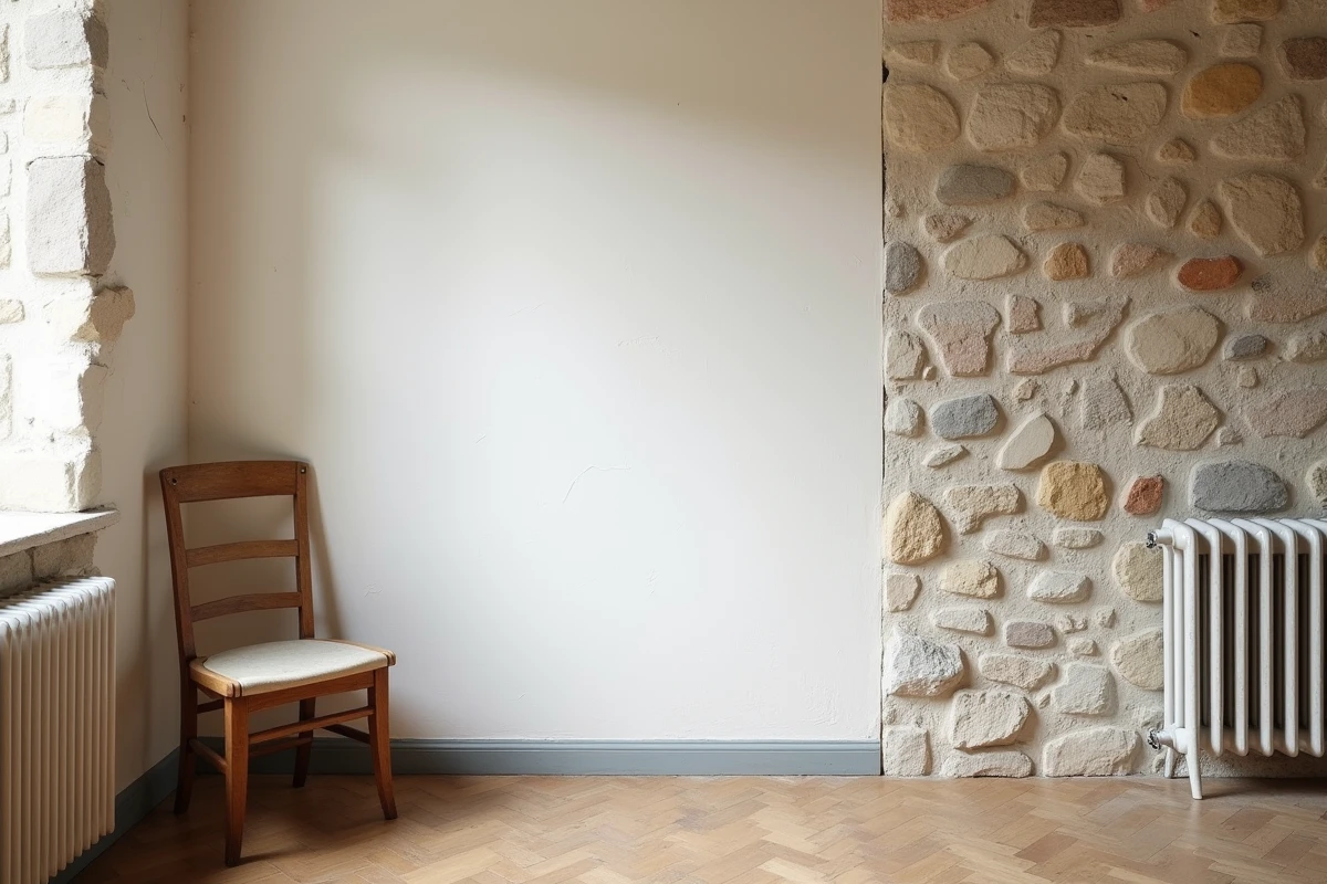 Mur intérieur en pierre d'une maison ancienne après traitement de l'humidité, comparaison avant et après rénovation