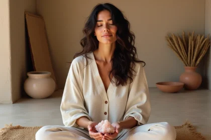 Femme tenant une pierre rose des sables dans les mains lors d'un rituel de protection spirituel en intérieur minimaliste