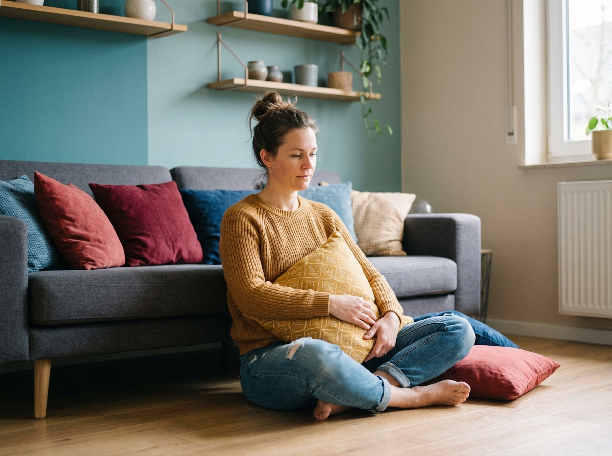 Femme assise sur le sol dans un salon moderne avec coussins colorés