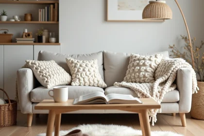 Salon hygge cosy avec canapé en lin, plaid en laine et jouets rangés dans un panier en osier, ambiance familiale douce et chaleureuse