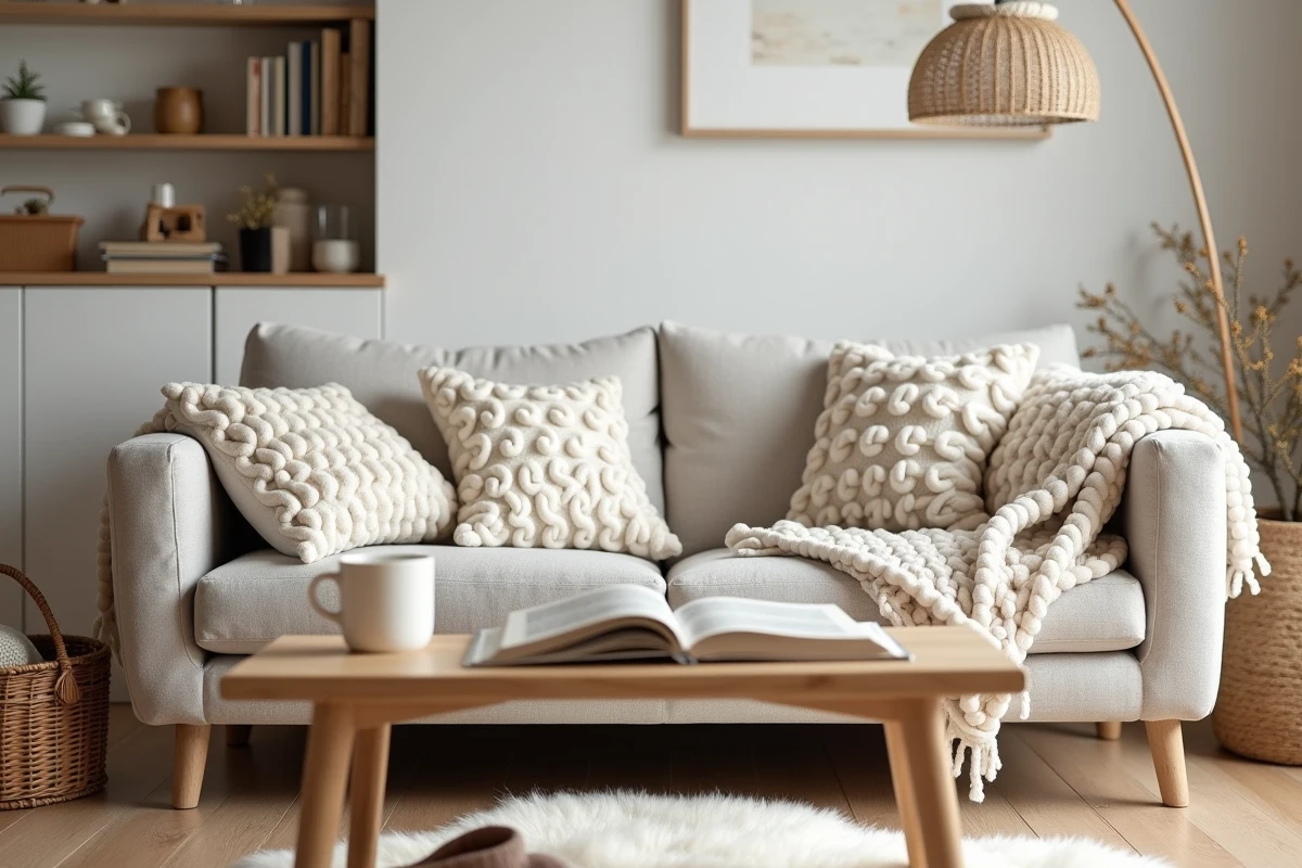 Salon hygge cosy avec canapé en lin, plaid en laine et jouets rangés dans un panier en osier, ambiance familiale douce et chaleureuse