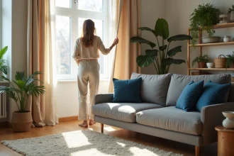 Femme élégante dans un salon lumineux avec rideaux et canapé