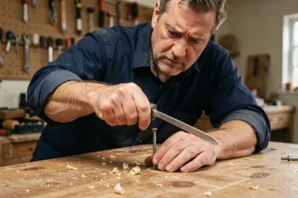 Homme vissant avec un tournevis dans un atelier en bois, illustrant le sens de rotation pour dévisser vers la gauche
