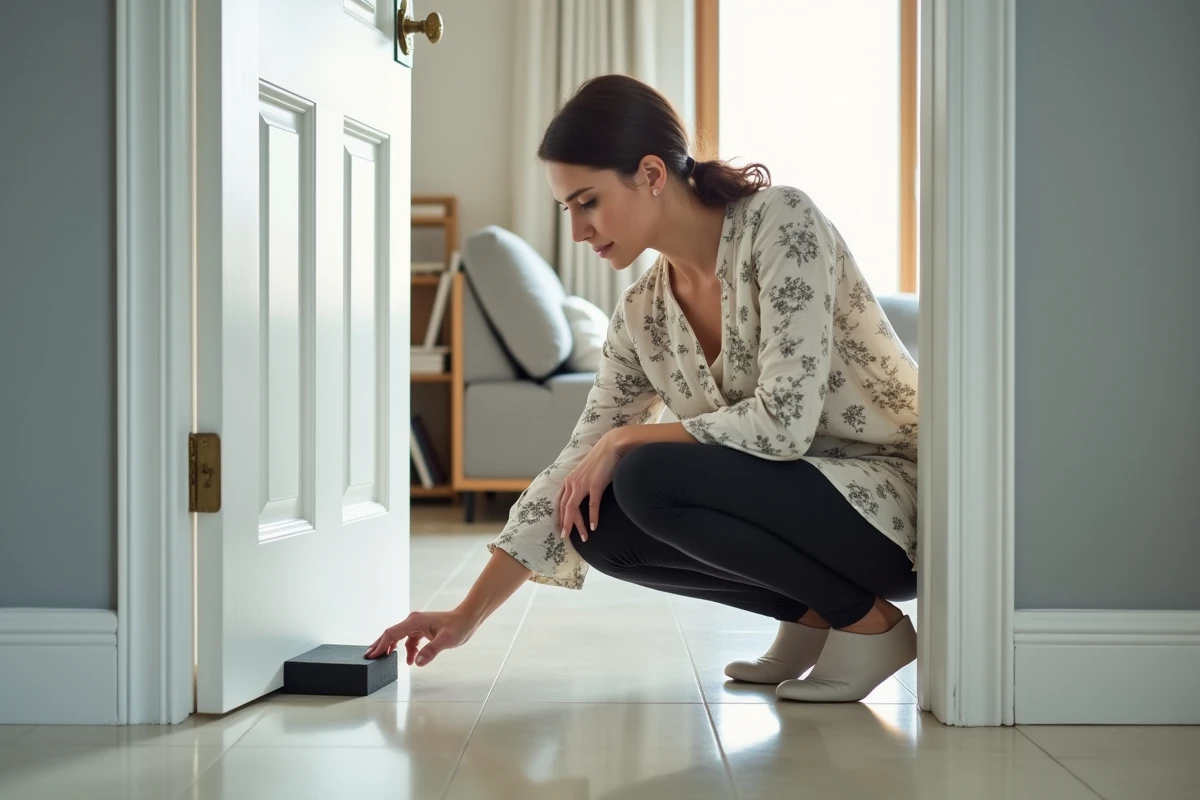 Femme vérifiant la pose d'une stopte en caoutchouc au bas d'une porte intérieure d'appartement