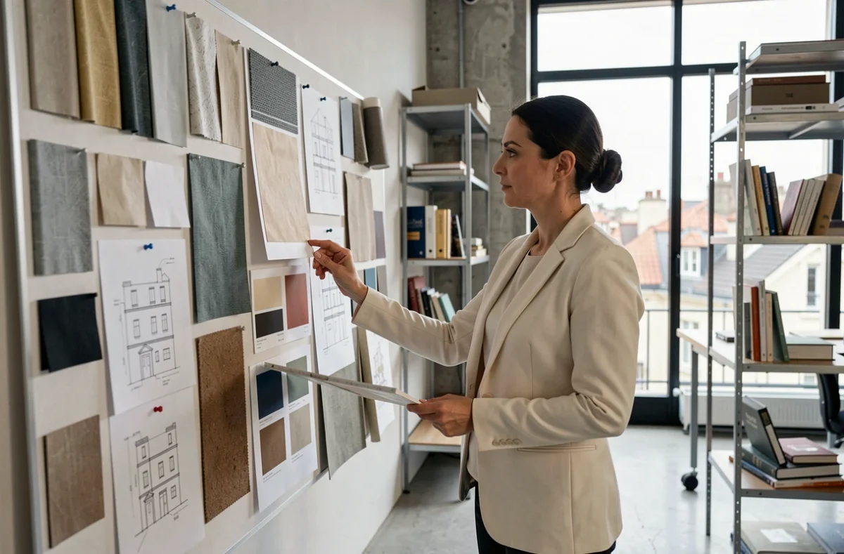 Décoratrice du Studio Sosa examinant des échantillons de matériaux dans son atelier professionnel à Bordeaux