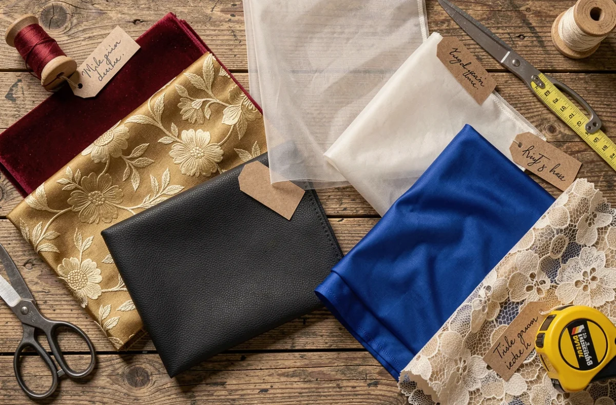Assortiment de swatches de tissus pour cosplay incluant velours, brocart, organza et similicuir sur une table en bois