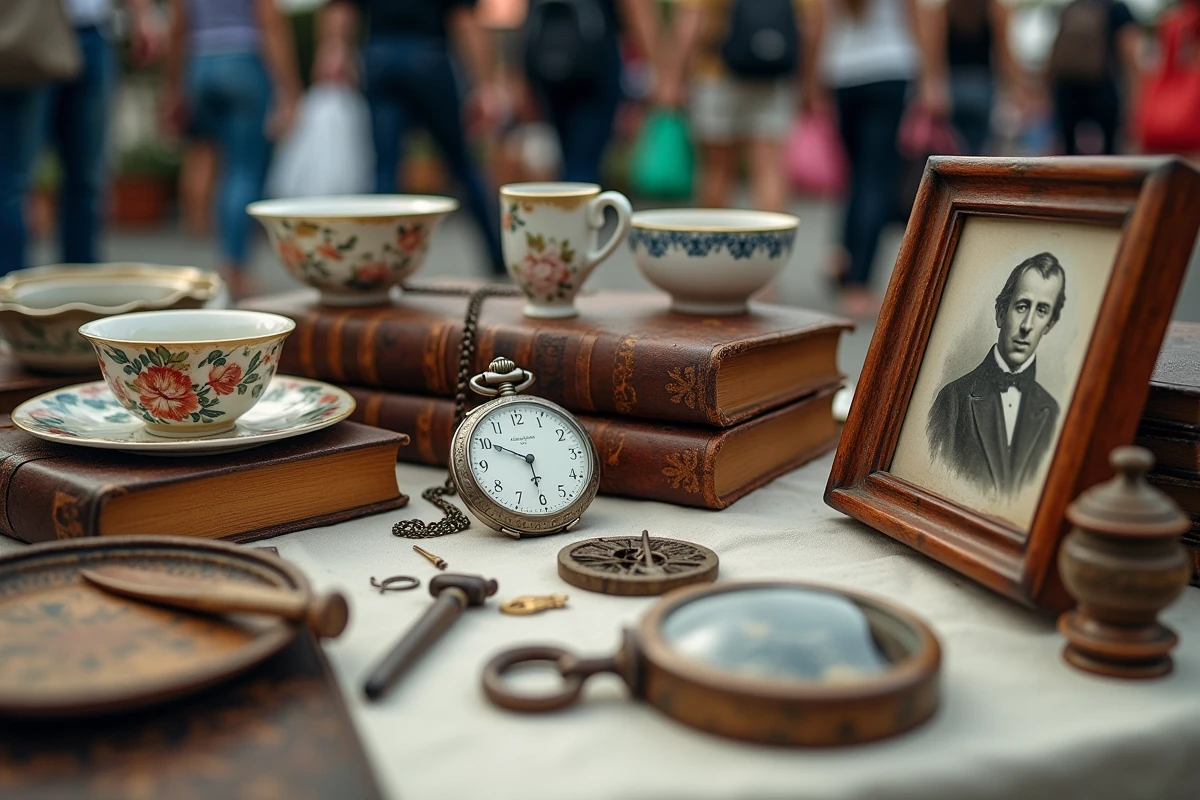 Table de brocante couverte d'objets anciens variés lors d'un vide-grenier en plein air dans le 13e arrondissement