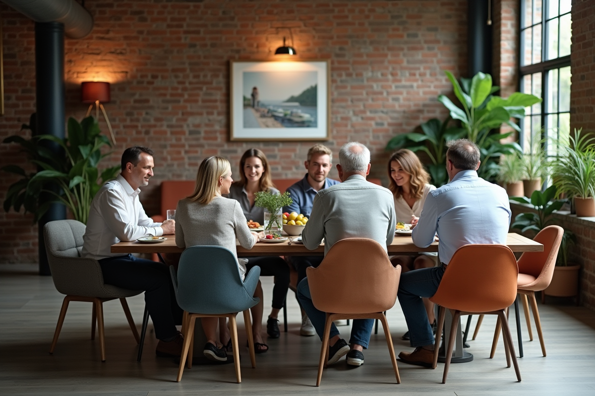 Groupe d adultes autour d une table avec différentes chaises