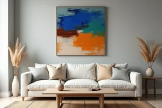 Tableau abstrait aux couleurs vives cobalt et orange accroché dans un salon minimaliste aux tons neutres