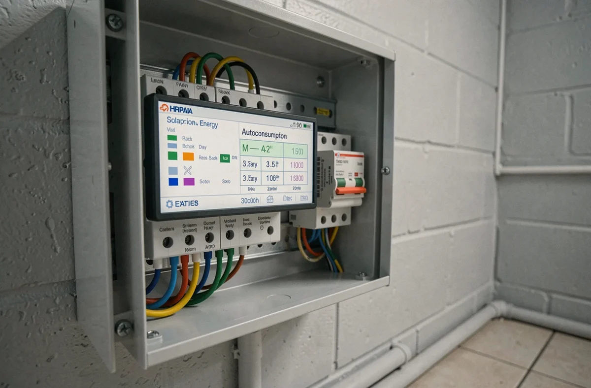 Tableau électrique triphasé avec compteur de production solaire en autoconsommation dans une maison