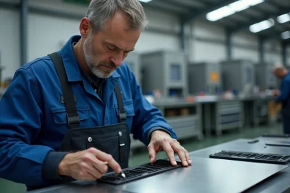 Technicien en overalls appliquant de l'adhésif industriel sur un panneau plastique