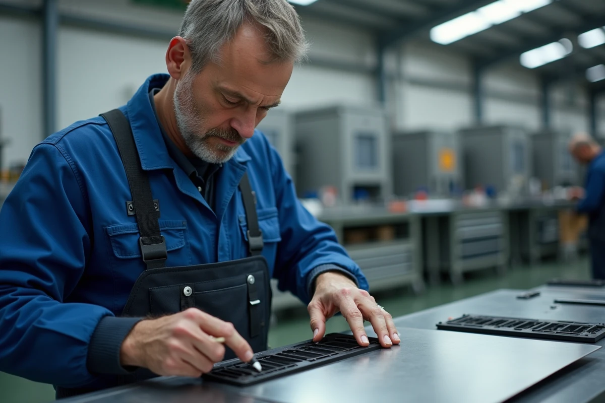 Technicien en overalls appliquant de l'adhésif industriel sur un panneau plastique