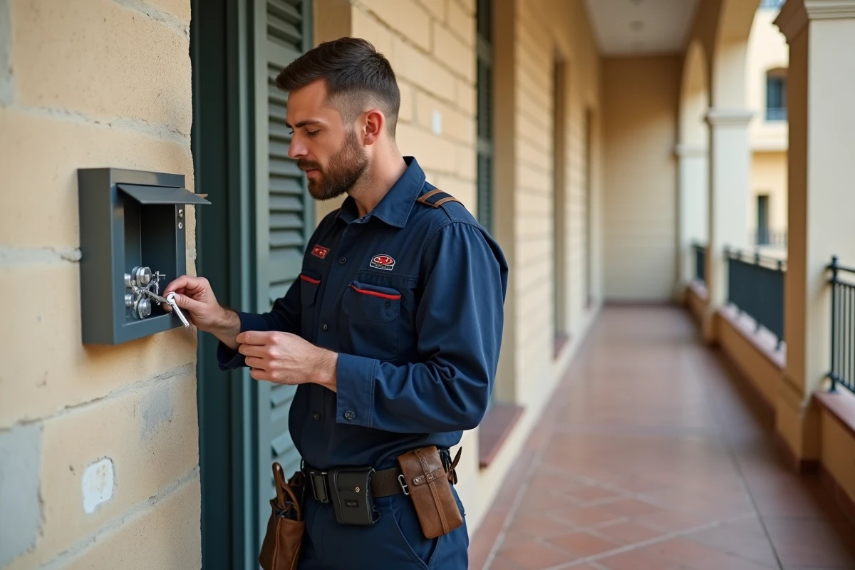 Technicien de maintenance récupérant une clé dans une boîte à clé à code fixée sur un mur de résidence