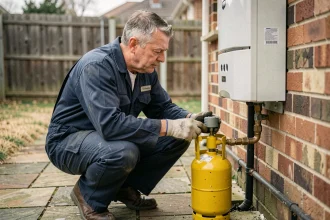 Technicien inspectant un détendeur butane jaune connecté à une chaudière extérieure sur mur en brique