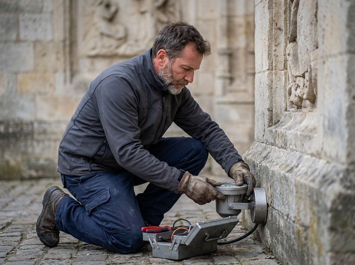 Technicien en éclairage architectural ajustant un projecteur sur une façade en pierre ancienne