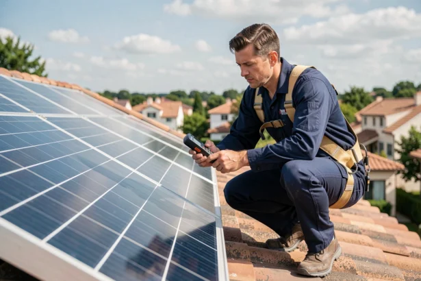 Technicien solaire inspectant des panneaux photovoltaïques monocristallins sur un toit résidentiel avec un appareil de mesure de puissance