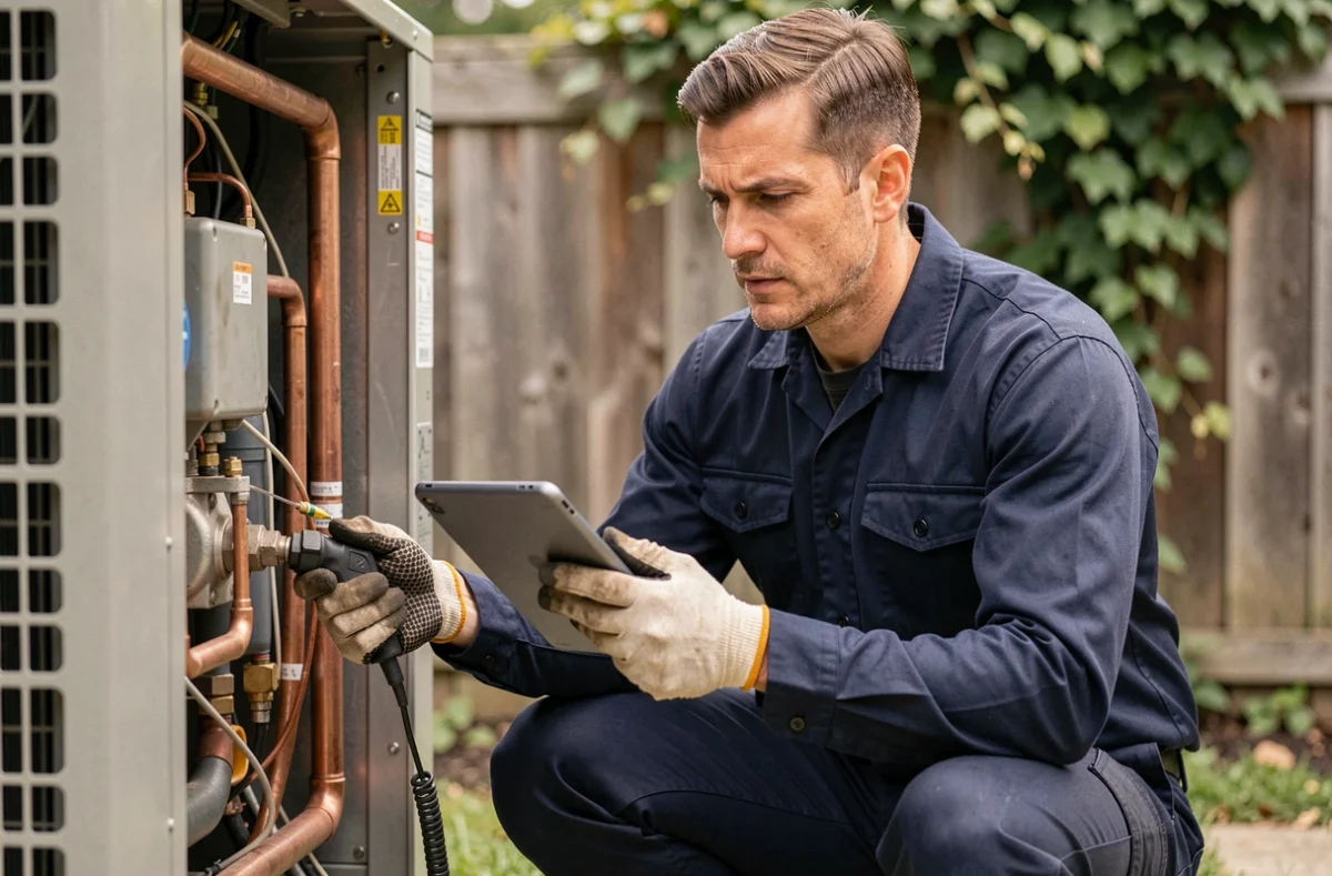 Technicien HVAC inspectant les composants d'une pompe à chaleur air air