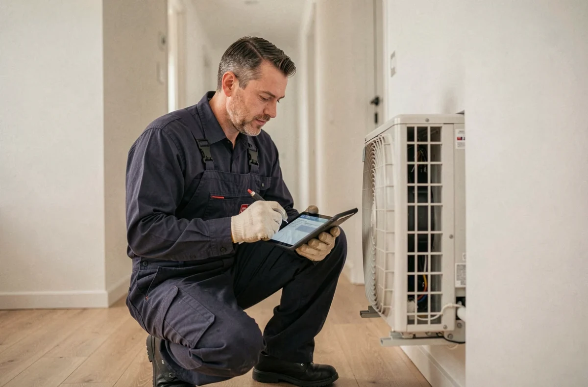 Technicien HVAC diagnostiquant une pompe à chaleur Toshiba intérieure dans un couloir résidentiel moderne