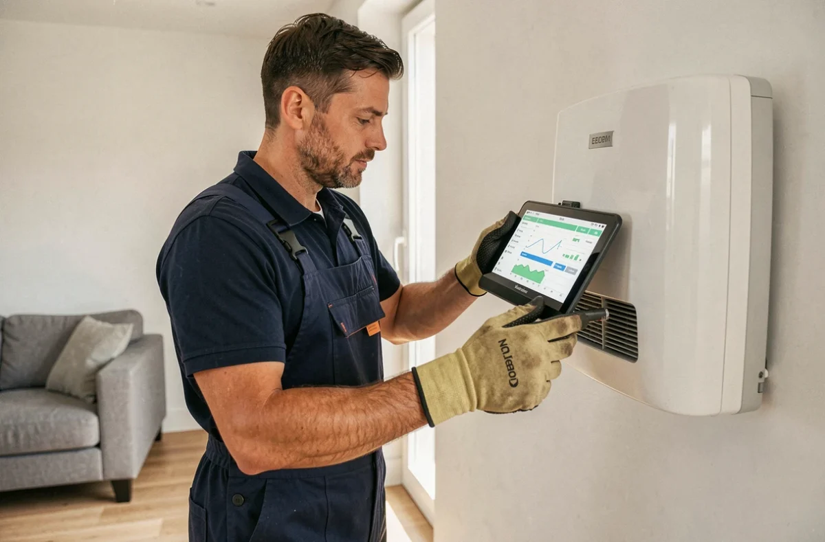 Technicien en train d'inspecter une pompe à chaleur air-air murale dans un salon moderne