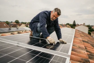 Technicien examinant des panneaux photovoltaïques sur un toit de maison résidentielle en France