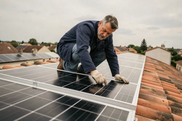 Technicien examinant des panneaux photovoltaïques sur un toit de maison résidentielle en France