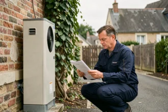 Technicien inspectant une pompe à chaleur air-air installée sur la façade d'une maison pavillonnaire française avec documents réglementaires en main