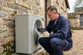 Technicien installant une pompe à chaleur sur le mur en pierre d'une maison ancienne