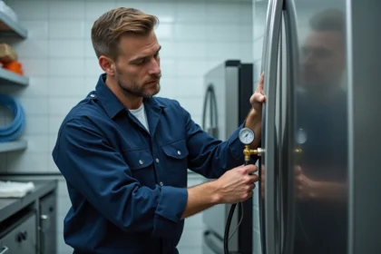 Technicien en uniforme connectant un manomètre à un réfrigérateur