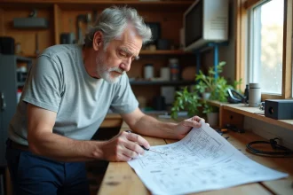 Technicien consultant le schéma de câblage d'un amplificateur pour antenne TNT dans un atelier de bricolage