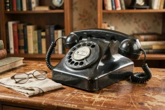 Téléphone à cadran rotatif noir vintage des années 1960 posé sur un bureau en bois ancien avec des lunettes de lecture et un mouchoir en lin