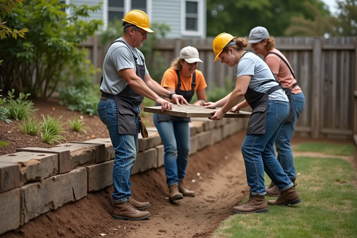 Groupe de trois personnes soulevant une traverse de chemin de fer