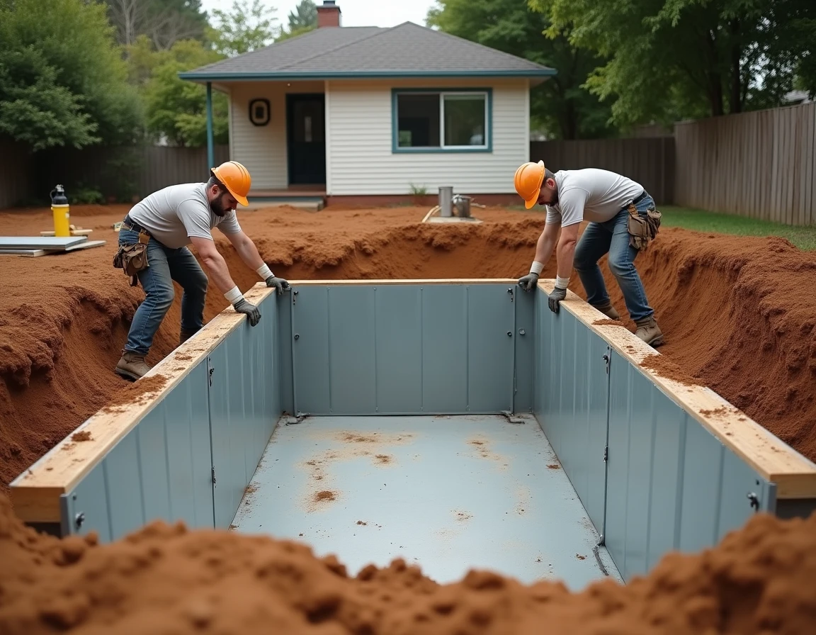 Ouvriers en train d'installer les parois d'une piscine enterrée pendant les travaux de construction