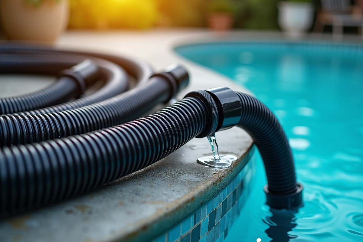 Gros plan sur des tuyaux noirs en spirale pour chauffage solaire de la piscine
