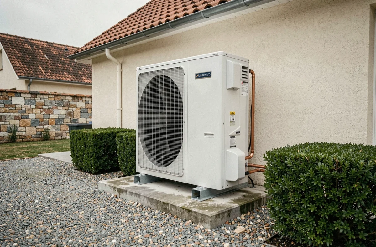 Unité extérieure d'une pompe à chaleur air air installée sur dalle béton en jardin