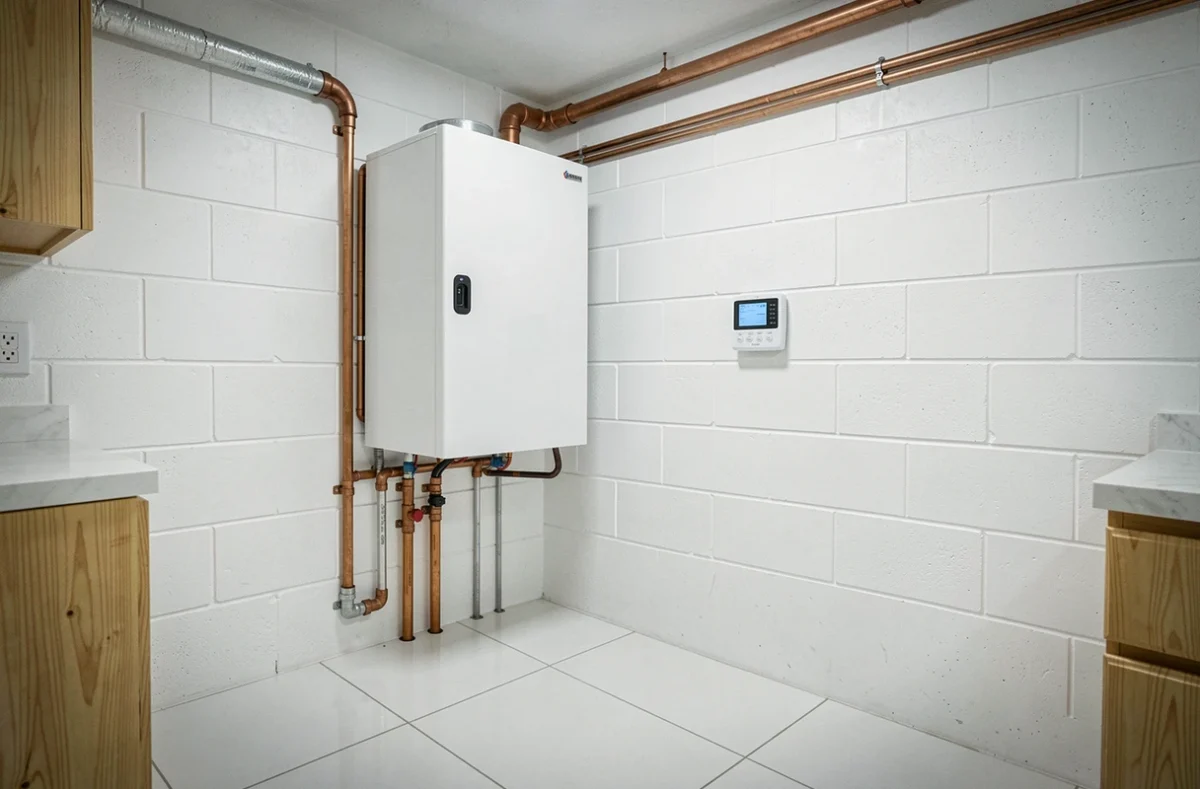 Unité intérieure de pompe à chaleur hydraulique installée dans une buanderie moderne avec thermostat numérique