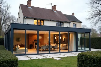 Véranda habitable moderne en aluminium avec double vitrage accolée à une maison pavillonnaire française, vue depuis le jardin