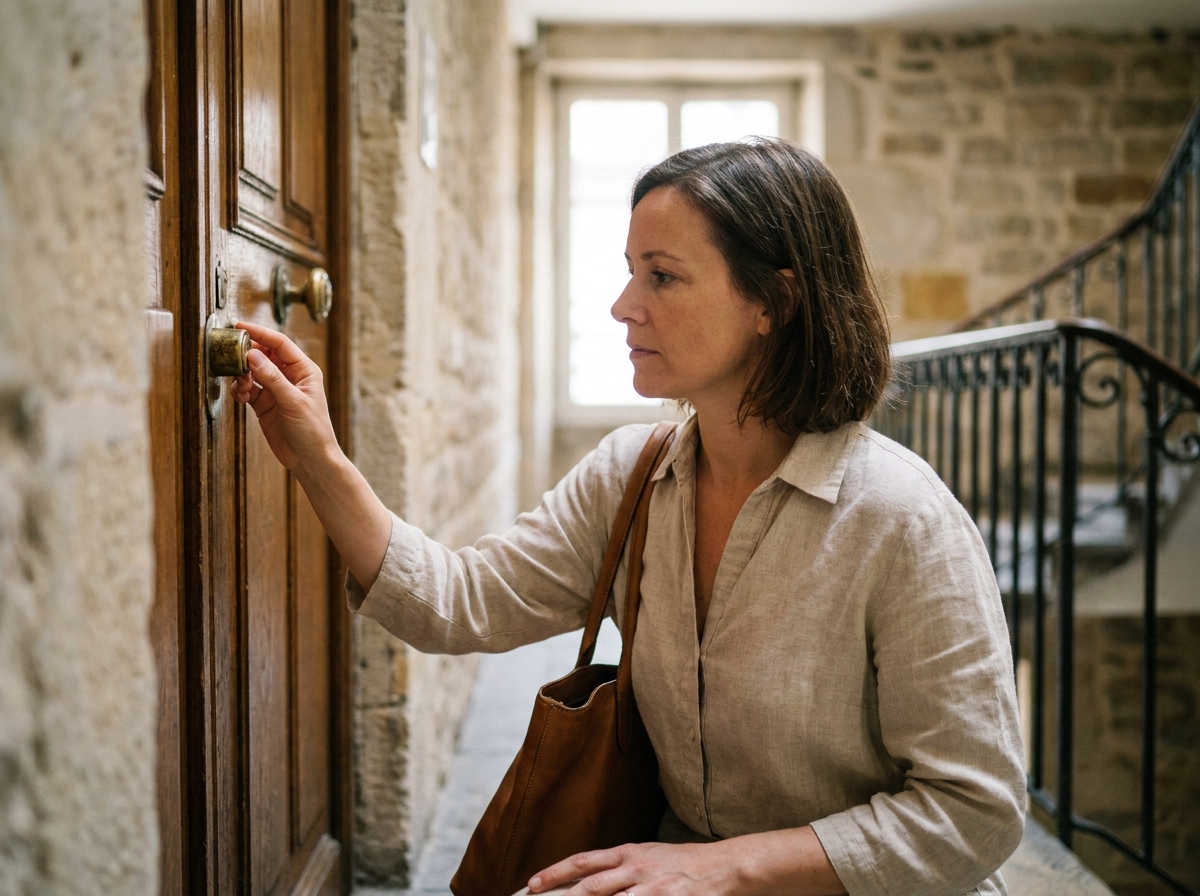 Femme vérifiant la serrure de son appartement lyonnais avant de partir en vacances
