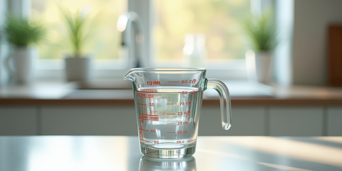 Verre mesureur rempli à 150 ml sur plan de travail lumineux