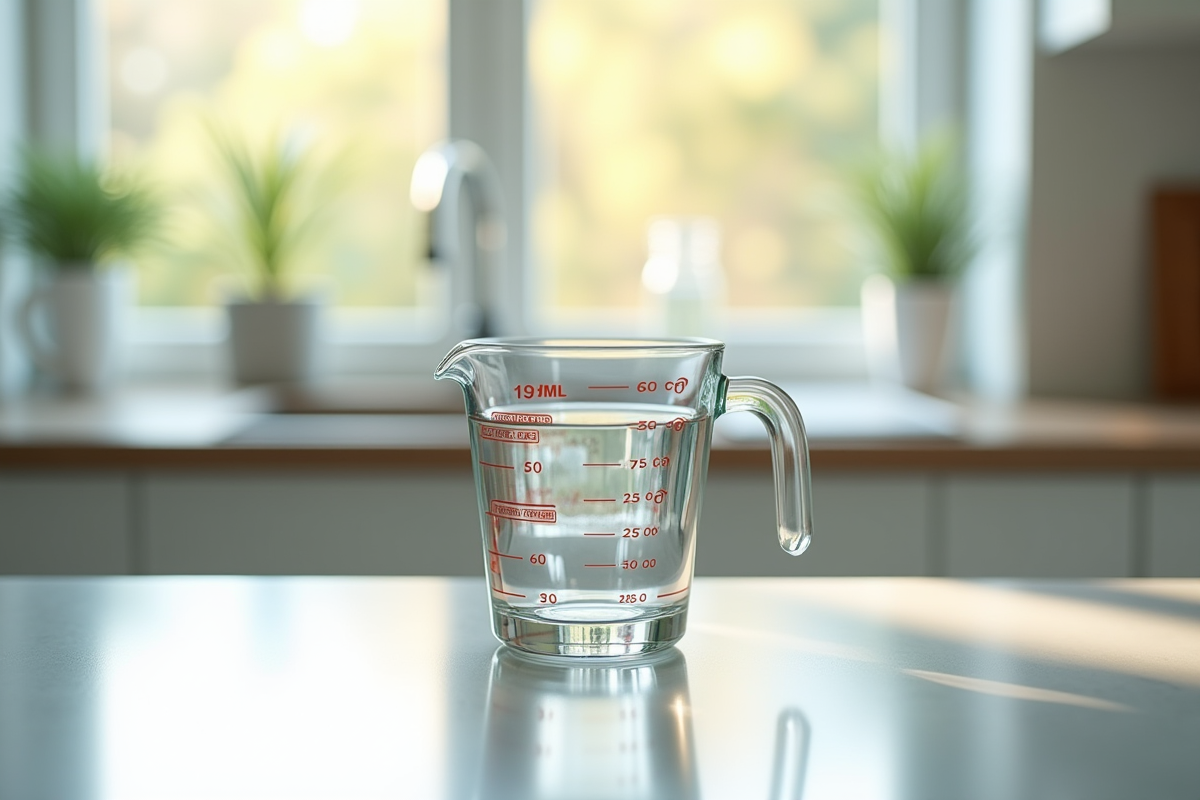 Verre mesureur rempli à 150 ml sur plan de travail lumineux