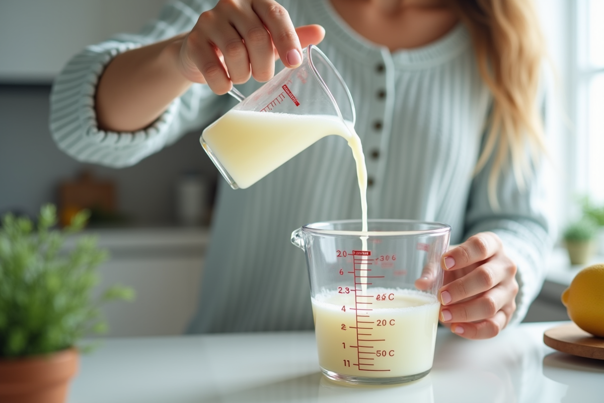 Main versant du liquide dans un verre mesureur en cuisine moderne