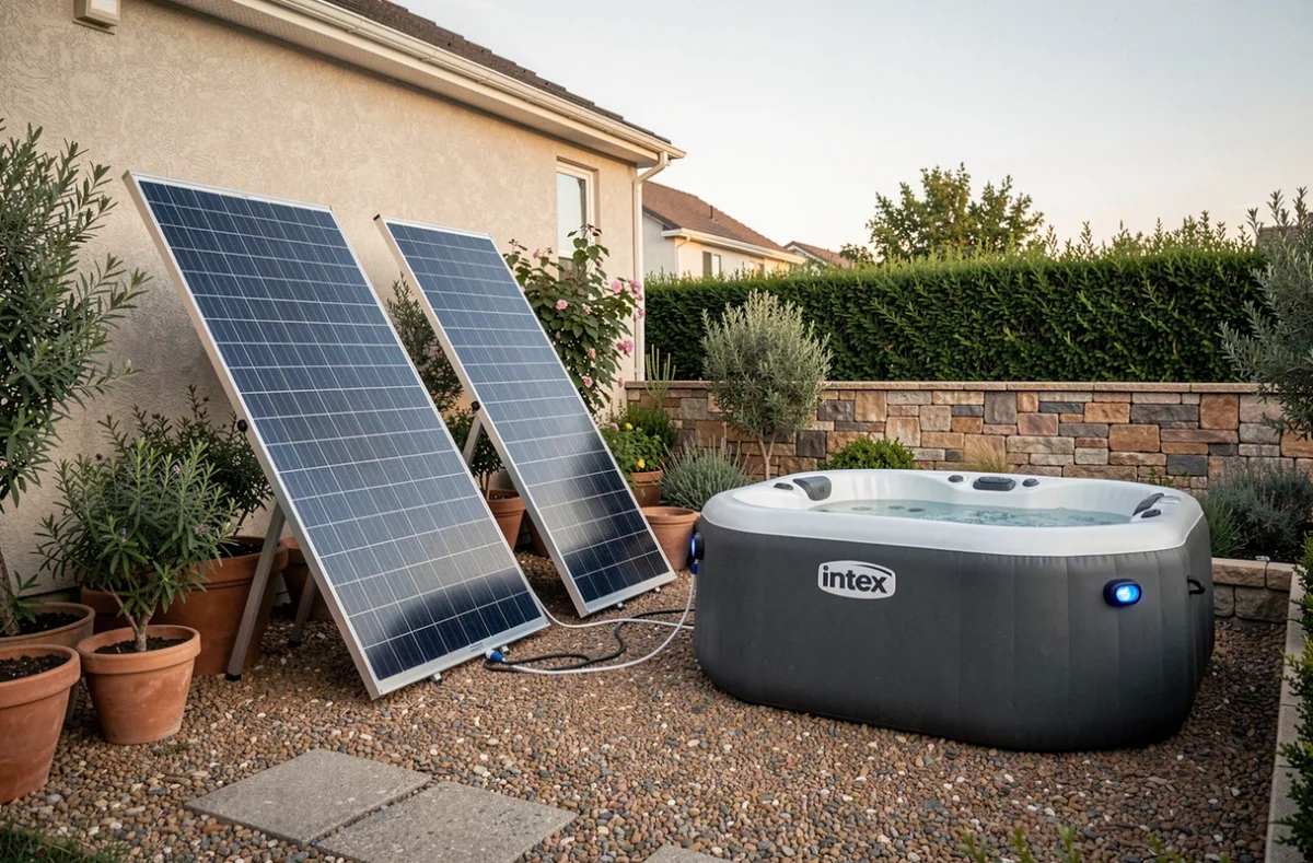 Vue d'ensemble d'un jardin avec panneaux solaires portables alimentant un spa gonflable Intex